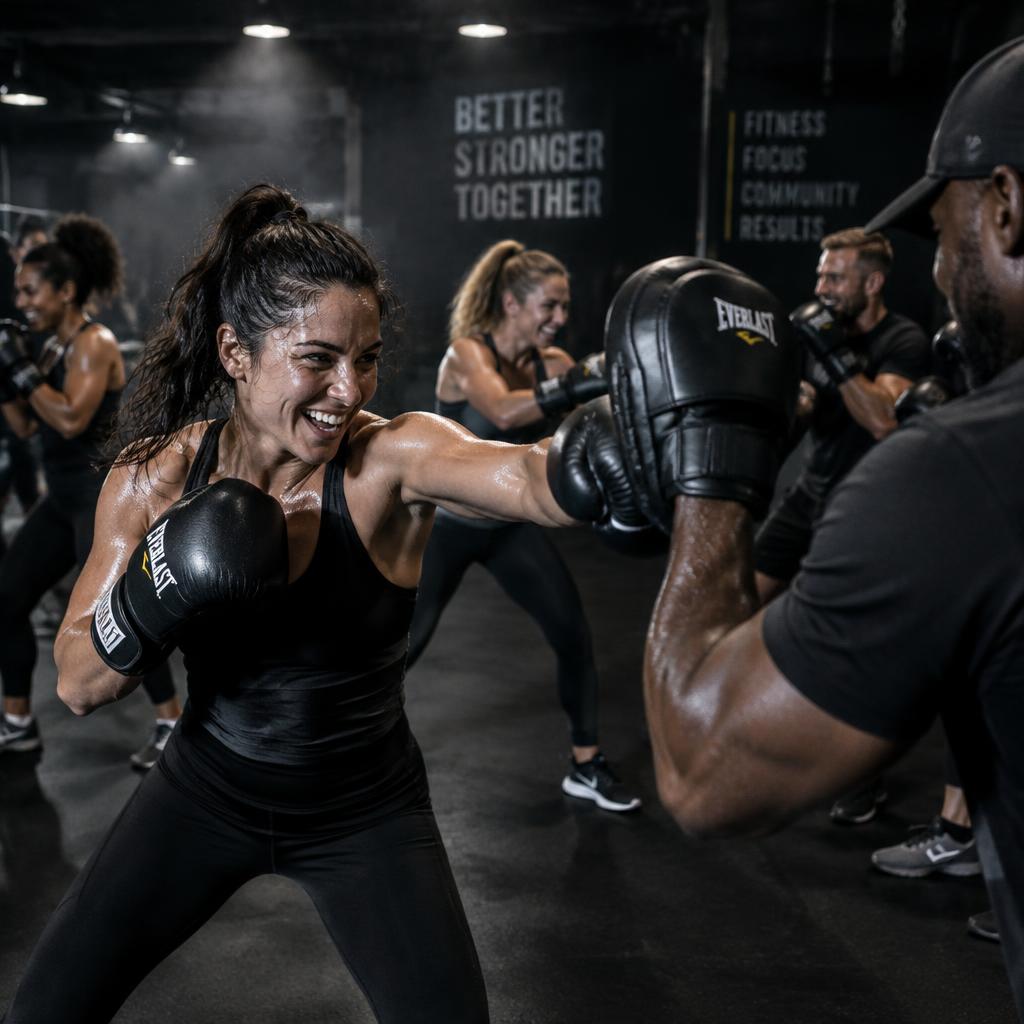 Adults boxing fitness class hitting focus pads with a coach